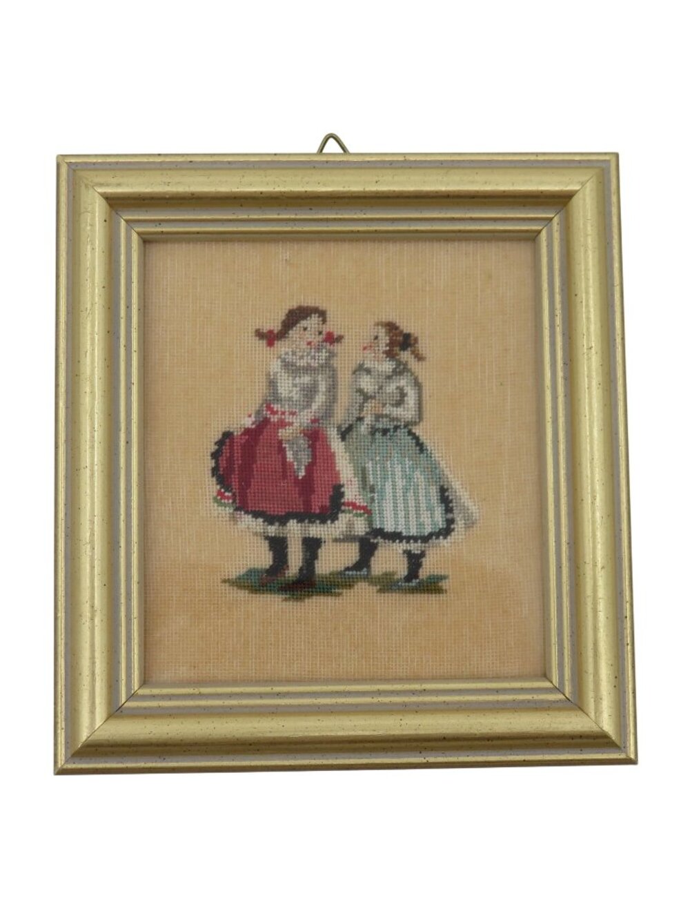Handmade Petit Point Little Girl Framed Wall Hanging Gold Frame Budapest Hungary